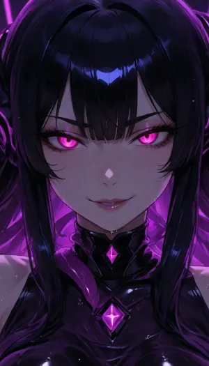 Nemeya, beautiful alien tentacle girl, close-up portrait, glowing violet eyes looking at viewer, seductive dangerous smile, long wet black hair, pale skin with glowing cyan veins, thick slick tentacles wrapping around her body, dark sci-fi atmosphere, neon lighting, highly detailed, (erotic and intimidating presence --ar 1:1), --stylize 200