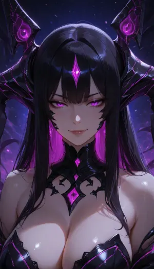Close-up portrait of Nemeya, seductive extraterrestrial alien girl with tentacles, dark sci-fi fantasy style, beautiful and dangerous face, glowing neon cyan and purple eyes, long flowing iridescent black hair with neon highlights, pale smooth skin with subtle bioluminescent patterns, several thick slick tentacles coming from her back and shoulders, elegant but lewd expression, slight arrogant smirk, cinematic dramatic lighting, dark space nebula background with glowing particles, highly detailed face, sharp focus, mysterious and erotic atmosphere, dark fantasy meets sci-fi, ultra realistic details, (8k --ar 1:1), --stylize 250 --v 6