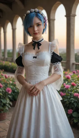 Rem from Re, Zero, beautiful young anime woman with short sky-blue hair, asymmetrical bangs covering one eye, large crystal-blue eyes, fair skin, wearing her iconic black-and-white maid outfit with intricate lace, ribbons, and elegant details. Standing gracefully in the gardens of the Roswaal Mansion during golden sunset, surrounded by blooming flowers and soft magical light. Gentle and caring expression, subtle smile, light breeze moving her hair and dress. Cinematic lighting, ultra-detailed fabric textures, vibrant colors, shallow depth of field, fantasy atmosphere, highly detailed anime art, masterpiece quality, perfect composition, volumetric lighting, breathtaking scenery, 8K resolution, professional illustration, sharp focus, high detail.