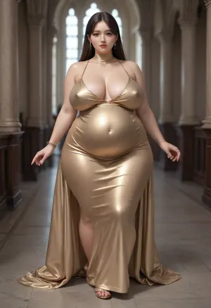 tall slim thick obese bbw, very large pregnant belly, wide hips, huge saggy chested 40 year old woman, massive puffy areolas, wearing sexy full length burgundy bodycon dress
