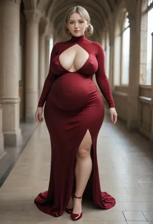 tall slim thick obese bbw, very large pregnant belly, wide hips, huge saggy chested 40 year old woman, massive long hard nipples, wearing sexy full length burgundy bodycon dress
