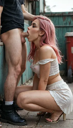8k, score_9, score_8_up, score_7_up, FILM PHOTOGRAPHY STYLE, cinematic photography of a woman, professional portrait photo realism, Duo, man laying on bed, power, (pink hair manga woman), by a dumpster, dimly lit, woman squatting next to bench, blowjob, horny, orgasm face, smallman moaning, blushing, musk, steamy, female, male, her hand on his cock, grabbing his cock, deepthroat, cock deep in her mouth, full body, plap sound effects, sloppy saliva blowjob, motion lines, money on the ground, heels, exposed breasts, oral creampie, full body view, <lora:detailed_notrigger:2>, <lora:LCMTurboMix_Euler_A_fix:1>