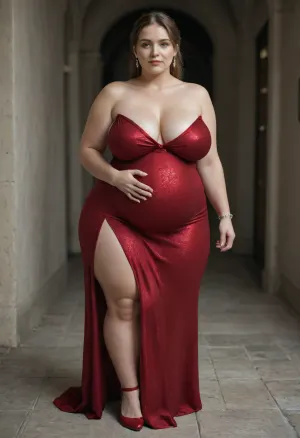 tall slim thick obese bbw, very large pregnant belly, wide hips, huge saggy chested 40 year old woman, massive puffy areolas, wearing sexy full length burgundy bodycon dress