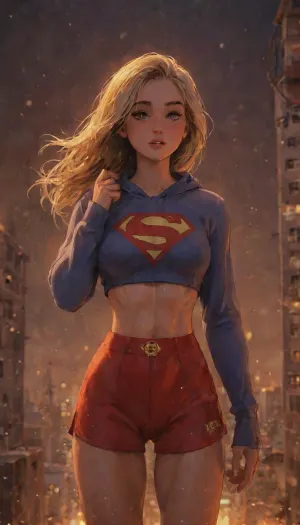 Ultra-detailed cinematic movie portrait of DC comics Supergirl Milly Alcock standing on rooftop of Daily Planet, long wavy messy blonde hair, large expressive green eyes, soft freckles, glossy skin, slightly surprised and vulnerable expression, with a voluptuous hourglass thick athletic built figure with washboard abs, intricate outfits, wearing a long-sleeve cropped hoodie with red and blue accents and red shorts with a gold Superman emblem, toned slim physique, dramatic soft lighting from overhead fluorescent lights, shallow depth of field, realistic fabric folds, subtle sweat and texture details, modern stylized comic-book aesthetic, highly detailed face, vibrant colors, cinematic composition, photorealistic digital painting, bokeh background, centered full-body framing, high-resolution, ArtStation quality, Unreal Engine render style, perfect anatomy, best quality, 8k, insane details, intricate details, hyperdetailed, hyper quality, ultra detailed, professional, HDR, ray tracing reflection, cinematic lighting, highlydetailedbody, realisticface, highlydetailedhair, perfectfingers, insanelydetailed, 8K.highdetailedskin, highresolution, (j_cartoon:1.5), Drawing, uberfit, muscular, athletic, rha3, woman, targaryan, <lora:rhaenyra young - rha3 woman sdxl:2>, DCEU, Supergirl, PowerGirl, <lora:f0f34de2-5e88-48a4-8ef5-e4e6c30adb6d.TA_trained:.8>, <lora:samdoesarts1.1-000030:.4>, <lora:J_cartoon:.3>, <lora:Animated_Concept:.4>