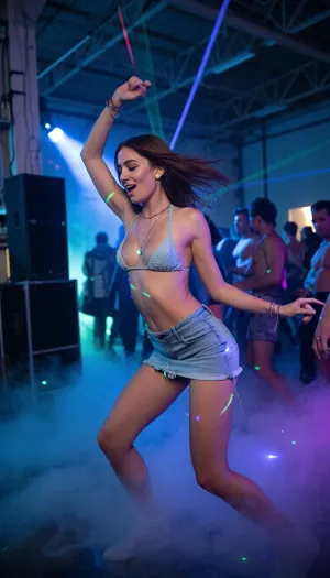 A beautiful young woman dancing ecstatically at a 1991 underground rave, she is wearing extremely skimpy club wear featuring a tiny bikini top and a tiny micro skirt covering only the most private parts of her body and almost exposing those part as well, illuminated by blue, purple, and green laser lights. Her movement is frozen in a moment of joy while the surrounding crowd becomes a blur of motion and light. Thick fog, industrial warehouse setting, powerful sound system, glowing light effects, authentic early-rave culture, nostalgic analog film look, cinematic composition, photorealistic, highly detailed, 35mm photography, emotional atmosphere, vibrant energy, masterpiece quality.