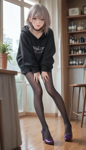 masterpiece, best quality, ultra-detailed, 8k, raw photo, score_9, score_8_up, score_7_up, 1girl, beautiful anime girl, long straight silver hair, hair between eyes, purple eyes, delicate face, sharp eyeliner, subtle blush, seductive smile, wearing black oversized hoodie, black choker, black sheer glossy pantyhose, shiny purple high heels, standing at cafe counter, leaning forward seductively, both elbows on the counter, hands cupping her face, looking slightly to the side as if talking to the barman, flirty expression, mouth slightly open, barman barely visible and out of focus in background, modern cafe counter, large windows, "KAEDE CAFE" sign, sunny day, soft natural lighting, sunlight on legs and curves, depth of field, bokeh, cinematic composition, slightly low angle, beautiful detailed legs and feet focus, glossy pantyhose texture, reflective purple heels, <lora:outline_xl_kohaku_delta_spv5x:1.3>, <lora:NEOTOKIOXL_0.2_RC:.7>, <lora:Ppolar-P3v1-NbVp10:.7>, <lora:cartoon_stickers_xl_v1:.5>
