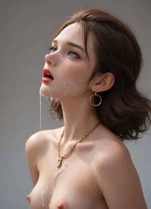 solo, profile portrait, from side, cum drip, cum on face, looking up, head back, dropped jaw, parted lips, drool, furrowed brow, nude, lifting medium tits, mouth open, cum on chest, ((freckles)), imperfect skin, ruby lipstick, long wavy hair, cum on forehead, simple gold chain necklace, simple earrings, azure eyes, focus nipples