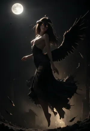 masterpiece, (albedo, wings, torn black dress, necklace, pale skin, perky nipples, glowing eyes, slight smile), (solo, graceful pose), (moonlight, (moon, eclipse), backlighting, mysterious atmosphere), cool lighting, (side view, back arched, full body), falling feathers, <lora:dark:1.4>
