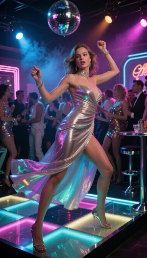 A beautiful young woman dancing in a glamorous late-1970s American disco nightclub. She wears an elegant flowing evening dress inspired by disco-era fashion, shimmering fabric that catches the colorful lights. A glowing illuminated dance floor, mirrored disco ball, neon accents, chrome details, and a crowded dance floor filled with stylish partygoers create an energetic atmosphere. Dynamic dance pose, confident expression, dramatic disco lighting, colored spotlights, haze effects, reflections on the floor, authentic 1978 nightclub aesthetic. Cinematic photography, photorealistic, highly detailed, realistic skin texture, vibrant colors, shallow depth of field, professional nightclub photography, motion and energy, ultra-detailed, 35mm film look, masterpiece quality.