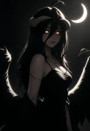 (Melkor mancin meets markgavatino style), reiq style, Cel-shaded, lineart, line art, flat colors, flat color, masterpiece, (albedo, wings, black dress, necklace, pale skin, glowing eyes, slight smile), (solo, looking longingly, graceful pose), (moonlight, (moon, eclipse), backlighting, mysterious atmosphere), cool colors, side view, <lora:lineartSDXL:1.1>, <lora:mk_Bp Anime_xl:.8>, <lora:dark:.4>