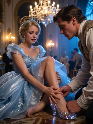 Photorealistic cinematic photography. A beautiful young Cinderella with a tear of joy in her eyes, wearing a magnificent shimmering pale-blue ballgown. A handsome prince is gently kneeling before her, holding her dainty bare foot and delicately placing a translucent, glowing crystal shoe on it. The scene takes place in an opulent royal ballroom with glowing chandeliers, warm golden and blue lighting, and soft bokeh background. Highly detailed, 85mm lens, f/1.8, photorealism, ultra-detailed skin and fabric textures, 8k.