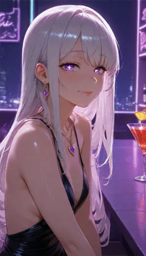 human, cocktail bar, mature, date, neon lights, dark ambient, blue ambient, purple ambient, sitting at table, smile, (sparkling eyes:1.2), smooth hair, glowing eye, (close-up:.8), beautiful tight black dress, slim body, gentle eyes, purple eyes, white hair, pretty heart necklace, earrings, hair bound up, long side bangs, (small chest size), (side view), innerboob, sideboob