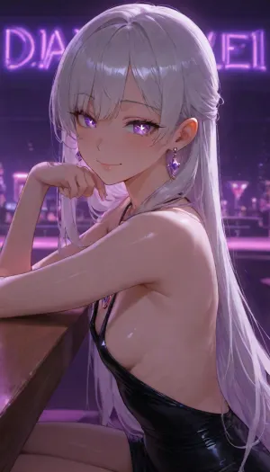 human, cocktail bar, mature, date, neon lights, dark ambient, blue ambient, purple ambient, sitting at table, smile, (sparkling eyes:1.2), smooth hair, glowing eye, (close-up:.8), beautiful tight black dress, slim body, gentle eyes, purple eyes, white hair, pretty heart necklace, earrings, hair bound up, long side bangs, (small chest size), (side view), innerboob, sideboob