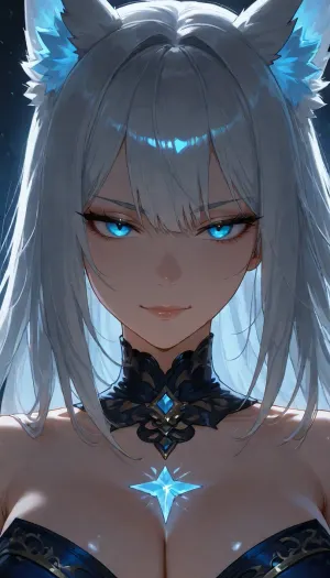 Close-up portrait of Nemeya, ancient fox spirit, dark fantasy, intense seductive stare directly at viewer, glowing ice-blue eyes, slight arrogant smirk, nine glowing blue tails visible behind, long dark silver hair flowing in wind, elegant black and blue royal dress with deep cleavage, dramatic rim lighting, dark atmosphere, cinematic, ultra detailed, (mysterious and powerful --ar 1:1), --stylize 200
