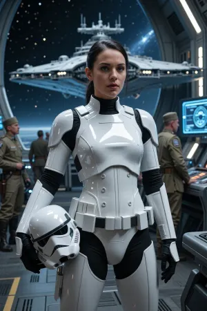 A cinematic Star Wars scene featuring a clearly feminine stormtrooper standing aboard a massive Imperial Star Destroyer. She wears pristine white stormtrooper armor carefully fitted to a female physique, with elegant proportions, narrow waist, athletic build, and subtle feminine armor shaping without becoming exaggerated or sexualized. Her helmet is tucked beneath one arm, revealing a striking woman in her late twenties with sharp features, confident eyes, and dark hair pulled back into a practical military style. The cold blue glow of holographic displays illuminates the polished armor. Imperial officers and crew move through the background while distant stars shine through enormous viewport windows. Her expression is disciplined, determined, and unwavering, embodying the professionalism of the Galactic Empire. Ultra-detailed armor surfaces, realistic materials, cinematic lighting, shallow depth of field, dramatic composition, photorealistic, movie still quality, masterpiece, highly detailed, Star Wars aesthetic.