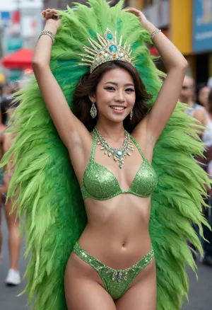 Photorealism, hyper-realistic, masterpiece, perfect Details, perfekt faces, japanese woman photo, japanese nude woman photo, full body, japanese 18 years old woman, smile, hard dancing, brazilian-carneval woman in beautiful carnival Outfit, LIGHT-GREEN color brazilian-carneval coutume, brazilian-carneval coutume with feathers, carnival gorgeous jewelry, carnival gorgeous jewelry tiara, carnival gorgeous jewelry necklace, carnival gorgeous jewelry boots, naked chest, flat chest, pubic hair, (pubic hair:1.4), (abundant pubic hair), minimum pantie, armpit hair, (armpit hair:1.4), big street, many dancers, noon, clear sky