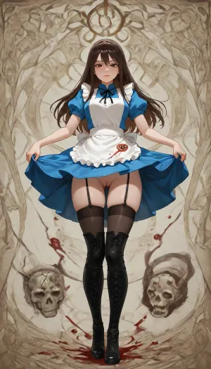 Alice Liddell, (Alice from Alice Madness returns), (American McGee Alice game series), Alice appearance, (Alice overall appearance), Alice hair, Alice eyes, Alice has straight, dark auburn hair that it cut just past the shoulder, which has a center parting and no fringe.
She wears a navy blue dress with short puffy sleeves, a fanned-out skirt that is cut to about mid-leg and a skull called Hollow Yves decorated with a white bow and ribbon. To complete the outfit, Alice wears a simple white apron over the dress, black-and-white stockings underneath, and black knee-high boots which are secured with silver buckles.
Her outfit sports astronomical symbols on the apron pockets, although they are depicted inconsistently throughout artwork and in-game models. In the remaster of American McGee's Alice, her in-game dress symbols are, (Eris), and, (Jupiter), like Madness Returns. She wears a silver necklace of the Greek letter Omega, Blood can be seen splattered over her apron and skirt.
She is 22 years old, Alice body, (Alice body proportions), beatiful body, nude from the bottom, (vagina), (shaved pussy), She is lifting up her dress and showing her pussy, looking at viewer, Completely white background, professional image, very detailed image, 4K image