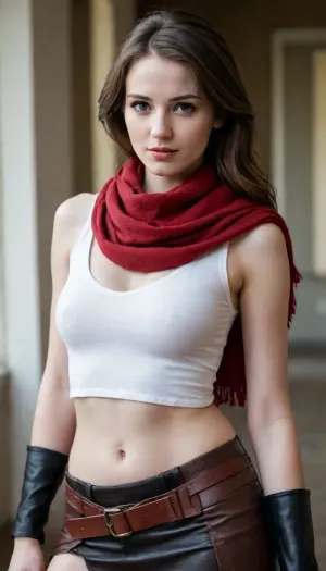 beautiful sexy slender young lady, hot sweaty pale white skin, kind soft, flirty eyes, flirty smirk, red scarf, brown leather armour, black detail, exposed midriff
