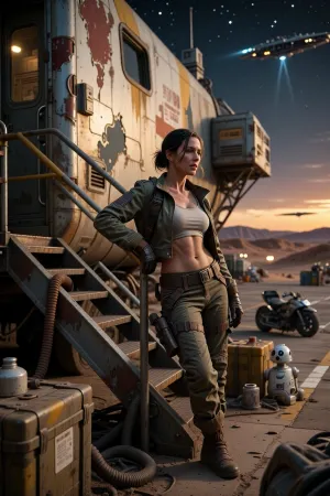 A cinematic Star Wars scene at a remote Outer Rim spaceport shortly after sunset. A seasoned female smuggler leans casually against the boarding ramp of her battered but beloved freighter. She is in her early forties, athletic from years of physical labor rather than combat training, with weathered beauty, sharp intelligent eyes, and dark blonde hair tied loosely behind her head. Her worn flight jacket, utility belt, and practical spacer clothing show years of travel across hundreds of worlds. Cargo containers, fuel hoses, repair droids, and dusty speeders clutter the landing pad around her. The freighter behind her bears countless modifications, mismatched panels, and old repair work accumulated over decades of service. Warm light from the settlement reflects off the hull while distant starships descend through the evening sky. She studies the busy port with the calm awareness of someone who instinctively notices trouble before it starts. Photorealistic Star Wars universe, cinematic atmosphere, ultra detailed spacecraft design, realistic lighting, environmental storytelling, movie still quality, masterpiece.