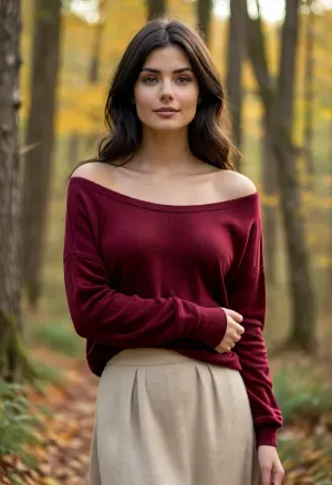 (masterpiece, best quality:1.2), 1 spanish 25yo woman, (wearing a baggy bordeaux velvet wide oval neck sweater, braless, long beige linen skirt:1.5), bright ice blue eyes, (long raven black hair, updo hair with straight bangs:1.2), (sporty body with heavy hanging natural boobs:1.4), she is outdoors in autumn woods, photorealism, beautiful sunset, smiling look, clothes, bustysophie, <lora:style_lora_realis:.5>, <lora:Detailed_female_hands-000001:.5>, <lora:bustysophie_xl_v1.1:.8>