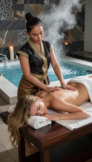 A cinematic, high-end realistic photography capturing the authentic atmosphere of a luxury oriental wellness spa. In the foreground, a beautiful young Western woman with distinct Caucasian features is lying face down on a professional wooden massage table, her eyes are closed. Her long, silken blonde hair flows loosely over the edge of the headrest. A crisp white cotton towel is elegantly draped across her lower back and buttocks. Standing beside her, an authentic Thai masseuse with distinct Southeast Asian ethnic features, an authentic Thai facial structure, and her dark hair tied up in a neat bun is performing a traditional massage, her arms and palms flat, pressing firmly into the skin of the upper back in a smooth, fluid professional motion. The masseuse has a warm golden-tan skin tone and wears a realistic, elegant modern Chut Thai spa uniform consisting of a dark silk wrap blouse with gold brocade patterns. The background clearly showcases a clean spa environment, a large, steaming luxury jacuzzi pool with active, bubbling water jets, set against a wall of textured dark slate stone. Volumetric soft ambient lighting cuts through the gentle steam, illuminating simple scented candles. Rich textures, natural skin pores, high contrast, shot on 35mm lens, photorealistic, 8k.