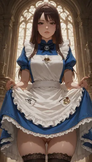 Alice Liddell, (Alice from Alice Madness returns), (American McGee Alice game series), Alice appearance, (Alice overall appearance), Alice hair, Alice eyes, Alice has straight, dark auburn hair that it cut just past the shoulder, which has a center parting and no fringe.
She wears a navy blue dress with short puffy sleeves, a fanned-out skirt that is cut to about mid-leg and a skull called Hollow Yves decorated with a white bow and ribbon. To complete the outfit, Alice wears a simple white apron over the dress, black-and-white stockings underneath, and black knee-high boots which are secured with silver buckles.
Her outfit sports astronomical symbols on the apron pockets, although they are depicted inconsistently throughout artwork and in-game models. In the remaster of American McGee's Alice, her in-game dress symbols are, (Eris), and, (Jupiter), like Madness Returns. She wears a silver necklace of the Greek letter Omega, Blood can be seen splattered over her apron and skirt.
She is 22 years old, Alice body, (Alice body proportions), beatiful body, nude from the bottom, (vagina), (shaved pussy), She is lifting up her dress and showing her pussy, looking at viewer, Completely white background, professional image, very detailed image, 4K image