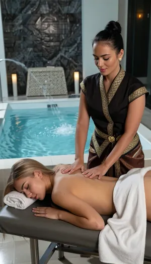A cinematic, high-end realistic photography capturing the authentic atmosphere of a luxury oriental wellness spa. In the foreground, a beautiful young Western woman with distinct Caucasian features is lying face down on a professional massage table, her eyes are closed. Her long, silken blonde hair flows loosely over the edge of the headrest. A crisp white cotton towel is elegantly draped across her lower back and buttocks. Standing beside her, an authentic Thai masseuse with distinct Southeast Asian ethnic features, an authentic Bangkok facial structure, and her dark hair tied up in a neat bun is performing a traditional massage, her hands applying professional pressure into the skin of the upper back. The masseuse has a warm golden-tan skin tone and wears a realistic, elegant modern Chut Thai spa uniform consisting of a dark silk wrap blouse with gold brocade patterns. The background clearly showcases a clean spa environment, a large, steaming luxury jacuzzi pool with active, bubbling water jets, set against a wall of textured dark slate stone. Volumetric soft ambient lighting cuts through the gentle steam, illuminating simple scented candles. Rich textures, natural skin pores, high contrast, shot on 35mm lens, photorealistic, 8k.