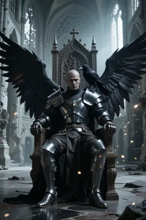 A hyperrealistic “low-key” portrait photograph depicting a somber, dark angel with a stern gaze and enormous black wings, seated in armor upon a majestic ancient Gothic throne in the vast, empty hall of a ruined cathedral. An intelligent black raven sits on the angel’s shoulder, whispering in his ear. Ash and glowing sparks fly into the cathedral through the windowpanes without glass, dramatic, three-dimensional cinematic lighting, a desaturated, cold color palette, photorealism, high resolution, (cinematic composition)