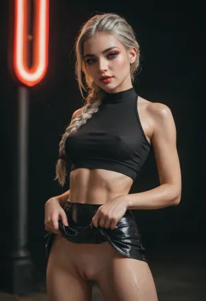 safe_pos, masterpiece, best quality, highly detailed, score_9, score_8_up, score_7_up, 1girl, 19yo, high braided ponytail, platinum hair, seductive, white skin tight top, micro skirt, slim body, small waist, g, jewelry, (solo), pale skin, curvy body, athletic body, slim waist, small ass, skinny legs, untouched beauty, clear, lively, detailed face, upper body accent, dark makeup, goddess, seductive look, wet pussy, underexposed, deep shadows .black background neon lights, skirt lift, with, pokies, <lora:pokies_9:.5>, kawaii, makeup, <lora:KawaiiMakeupXLv2:.8>