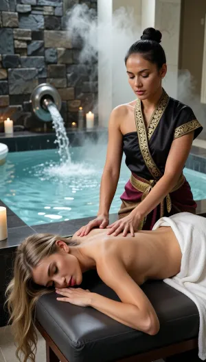 A cinematic, high-end realistic photography capturing the authentic atmosphere of a luxury oriental wellness spa. In the foreground, a beautiful young Western woman with distinct Caucasian features is lying face down on a professional massage table, her eyes are closed. Her long, silken blonde hair flows loosely over the edge of the headrest. A crisp white cotton towel is elegantly draped across her lower back and buttocks. Standing beside her, an authentic Thai masseuse with distinct Southeast Asian ethnic features, an authentic Thai facial structure, and her dark hair tied up in a neat bun is performing a traditional massage, her arms and palms flat, pressing firmly into the skin of the upper back in a smooth, fluid professional motion. The masseuse has a warm golden-tan skin tone and wears a realistic, elegant modern Chut Thai spa uniform consisting of a dark silk wrap blouse with gold brocade patterns. The background clearly showcases a clean spa environment, a large, steaming luxury jacuzzi pool with active, bubbling water jets, set against a wall of textured dark slate stone. Volumetric soft ambient lighting cuts through the gentle steam, illuminating simple scented candles. Rich textures, natural skin pores, high contrast, shot on 35mm lens, photorealistic, 8k.