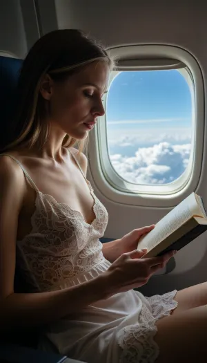 What to Do During a Flight?” — intimate cinematic beauty still.

An elegant adult woman seated by the airplane window, softly reading a book during a quiet flight. Bright white clouds drift outside the window against a luminous blue sky.

She wears a refined lace nightgown. The fabric falls gracefully along her body, suggesting softness and intimacy.

Natural daylight from the window creates a gentle glow on her skin, illuminating the fine texture of the lace and casting soft highlights along her collarbone and shoulders. The airplane interior remains subtly blurred in the background.

She is absorbed in her book, serene and self-contained.

Cinematic framing, shallow depth of field, soft diffused lighting, smooth skin rendering, warm natural tones, delicate contrast, luxurious atmosphere, ultra-detailed, 4K.