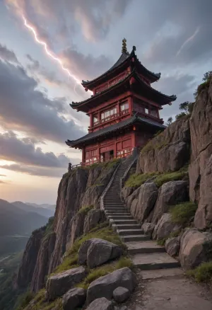 ((An unearthly reddish landscape of a fantastic planet)), ((The landscape is visible through a narrow passage between two rocks)), . Gloomy night sky, purple heavy clouds. Rocky landscape, a cliff looms over your head on the right. On the left is a huge Chinese pagoda on a cliff with steep edges and an ornate staircase leading to the pagoda from below., ((Rocky landscape)), ((pagoda is On the left)), ((a cliff looms over your head on the right)), ((The staircase winds in a thin snake along the entire steep slope)), The whole landscape emphasizes the insignificance of man before the elements., (The clouds have a deep purple color with a reddish tinge), ., ((Pink blinding lightning flashes between the clouds)), ((Pink blinding lightning flashes)), (Lightning strikes the rock), rocks, pagoda, purple, ((the deep abyss))