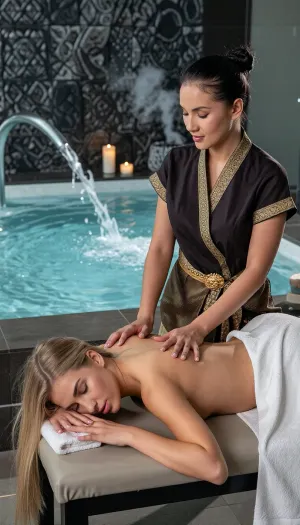 A cinematic, high-end realistic photography capturing the authentic atmosphere of a luxury oriental wellness spa. In the foreground, a beautiful young Western woman with distinct Caucasian features is lying face down on a professional massage table, her eyes are closed. Her long, silken blonde hair flows loosely over the edge of the headrest. A crisp white cotton towel is elegantly draped across her lower back and buttocks. Standing beside her, an authentic Thai masseuse with distinct Southeast Asian ethnic features, an authentic Bangkok facial structure with gentle epicanthic folds and softly rounded features, and her jet-black hair tied up in a neat bun is performing a traditional massage, her hands resting naturally on the client's shoulders, applying steady professional pressure. The masseuse has a warm golden-tan skin tone and wears a realistic, elegant modern Chut Thai spa uniform consisting of a dark silk wrap blouse with gold brocade patterns. The background clearly showcases a clean spa environment, a large, steaming luxury jacuzzi pool with active, bubbling water jets, set against a wall of textured dark slate stone. Volumetric soft ambient lighting cuts through the gentle steam, illuminating simple scented candles. Rich textures, natural skin pores, high contrast, shot on 35mm lens, photorealistic, 8k.