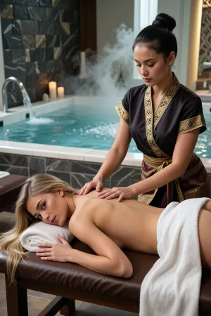 A cinematic, high-end realistic photography capturing the authentic atmosphere of a luxury oriental wellness spa. In the foreground, a beautiful young Western woman with distinct Caucasian features is lying face down on a professional wooden massage table. Her long, silken blonde hair flows loosely over the edge of the headrest. A crisp white cotton towel is elegantly draped across her lower back and buttocks. Standing beside her, an authentic Thai masseuse with distinct Southeast Asian ethnic features, an authentic Thai facial structure, and her dark hair tied up in a neat bun is performing a traditional massage, her arms and palms flat, pressing firmly into the skin of the upper back in a smooth, fluid professional motion. The masseuse has a warm golden-tan skin tone and wears a realistic, elegant modern Chut Thai spa uniform consisting of a dark silk wrap blouse with gold brocade patterns. The background clearly showcases a clean spa environment, a large, steaming luxury jacuzzi pool with active, bubbling water jets, set against a wall of textured dark slate stone. Volumetric soft ambient lighting cuts through the gentle steam, illuminating simple scented candles. Rich textures, natural skin pores, high contrast, shot on 35mm lens, photorealistic, 8k.