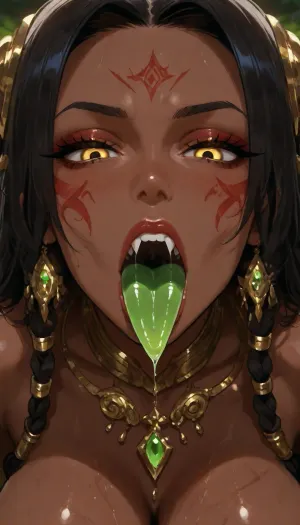 Lamia warrior girl 180sm Beautiful sexy body, with a hand-made white rag barely covering her Huge MASSIVE breasts huge nipple halos are visible
flat stomach slightly tanned skin with a golden-green tint, covered with thin battle scars and old claw marks
Her face was beautiful, predatory, and her lips were full and dark in color perfect long nails
perfect clear Vertical pupil with an yellow glowing iris, cat eyes
Long hair green with dark silver strands, braided into coarse braids and military dreadlocks, which are interwoven with small bones, teeth of sea creatures and gold rings. There are ancient tribal tattoos in black and gold on the body.
A long, powerful snake tail of deep emerald-black color with a metallic luster. On the sides of the tail are gold and blood-red patterns that glow slightly in the dark. It stands in the middle of an island surrounded by palm trees
Extreme close-up on Captain Sylvara Voss face during a blowjob, intense golden glowing slit-pupil eyes staring directly at viewer with hypnotic predatory lust, long wet forked snake tongue lewdly wrapped around the human cock and licking the tip, thick saliva dripping from her tongue and lips, sharp fangs visible, messy black braids framing her face, sweat on dark bronze skin, extremely detailed eyes and tongue, hungry and dangerous expression, erotic horror atmosphere, cinematic close-up, ultra realistic, 8k --style raw