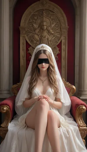 Tarot card, artistic erotic style, elegant beautiful woman as The High Priestess, fully nude with perfect body and soft lighting, sitting on ornate throne between two pillars, black silk blindfold, long flowing hair, mysterious and sensual pose, legs gently closed, moonlight and stars, ornate tarot border with "II" at top and "The High Priestess" at bottom in elegant lettering, highly detailed, cinematic lighting, masterpiece, 8k