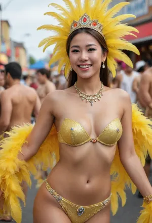 Photorealism, hyper-realistic, masterpiece, perfect Details, perfekt faces, japanese woman photo, japanese nude woman photo, full body, japanese 18 years old woman, smile, hard dancing, brazilian-carneval woman in beautiful carnival Outfit, LIGHT-YELLOW color brazilian-carneval coutume, brazilian-carneval coutume with feathers, carnival gorgeous jewelry, carnival gorgeous jewelry tiara, carnival gorgeous jewelry necklace, naked chest, flat chest, (pubic hair:1.4), (abundant pubic hair), minimum pantie, big street, many dancers, noon, clear sky