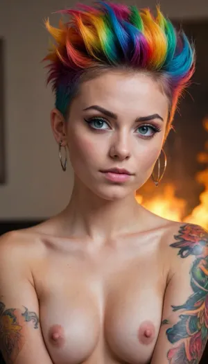 Color tattoo, gorgeous girl, fit abs, dyed fauxhawk, Rainbowiridal, Spiral, rainbowiridal, eyes, palette, Shiny..., Bright..., Intense, gaze, Fire, dragon, Amber, cat, Anthro..., woman, Genetically, modified..., <lora:Stunning_eyes_2:2>, <lora:Portrait_perfection:.8>