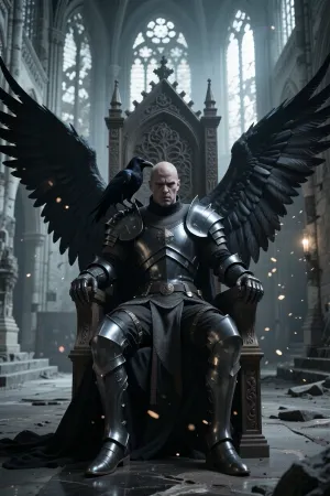A hyperrealistic “low-key” portrait photograph depicting a somber, dark angel with a stern gaze and enormous black wings, seated in armor upon a majestic ancient Gothic throne in the vast, empty hall of a ruined cathedral. An intelligent black raven sits on the angel’s shoulder, whispering in his ear. Emotional connection, mystical glowing dust, dramatic three-dimensional cinematic lighting, desaturated cool color palette, photorealism, high resolution, (cinematic composition)