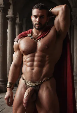 Masterpiece, realistic, 4k, Gay men, Men only, Hyper-muscular very hairy hugely massive erect nipples, Roman general man, in red cape gold armbands gold short chainmail ass cheeks show from underneath gold chain MaleAssViewV2 holding raised arm of captured Man shaved-head bald gladiator slave, intense eye contact, oiled sweaty bodies, Slave only wearing Short brown dirty wrap loincloth ass on full show, dramatic palace interior lighting, erotic gay men domination pose.Dominant hairy bearded Roman general Man in flowing red cape gripping chain on wrists of submissive shaved-head muscular gladiator Slave just in cum soaked short loincloth, arms raised, hard bodies close, hard large cocks bulgeing, sweat glistening, ancient palace columns background, intense homoerotic tension.Intense gay erotic scene ancient palace, hairy muscular man in red cape holding both wrists above head of bald shaved-head submissive Slave, hard cock bulging in his loincloth dripping cum ass on full show, oiled skin dramatic lighting, passion and domination.ancient palace, Hyperealistc Photographic-style, Dynamic visuals, Cinematic lighting, deep shadows, @hrypctls1, hairy, chest, Slave has Cum soaked loincloth, only Roman general wearing red cape gold chainmail short wrap, zavy-rmn, <lora:bulgev1-beta:1.5>, <lora:dark:.4>, <lora:@hrypctls1.v1.concept.sdxl_epoch_3:1.5>, <lora:ancient_Roman_or_Greek_soldier:1.2>, <lora:zavy-rmn-sdxl:1.2>