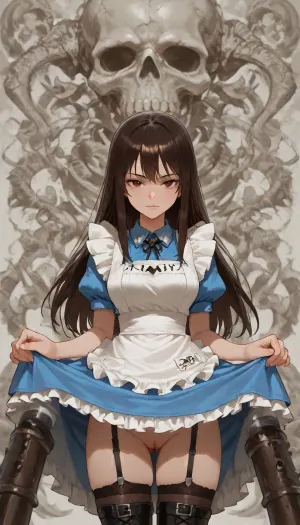 Alice Liddell, (Alice from Alice Madness returns), (American McGee Alice game series), Alice appearance, (Alice overall appearance), Alice hair, Alice eyes, Alice has straight, dark auburn hair that it cut just past the shoulder, which has a center parting and no fringe.
She wears a navy blue dress with short puffy sleeves, a fanned-out skirt that is cut to about mid-leg and a skull called Hollow Yves decorated with a white bow and ribbon. To complete the outfit, Alice wears a simple white apron over the dress, black-and-white stockings underneath, and black knee-high boots which are secured with silver buckles.
Her outfit sports astronomical symbols on the apron pockets, although they are depicted inconsistently throughout artwork and in-game models. In the remaster of American McGee's Alice, her in-game dress symbols are, (Eris), and, (Jupiter), like Madness Returns. She wears a silver necklace of the Greek letter Omega, Blood can be seen splattered over her apron and skirt.
She is 22 years old, Alice body, (Alice body proportions), beatiful body, nude from the bottom, (vagina), (shaved pussy), She is lifting up her dress and showing her pussy, looking at viewer, Completely white background, professional image, very detailed image, 4K image