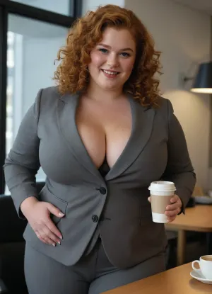 Candid picture, very Obese student, 18 years old irish supermodel, natural ginger curly hair, finely drawn facial features, soft chubby face, business suit, freckles, (saggy fat cleavage:1.2), swedish, Grey tight trousers, cameltoe, fat strong arms, serving coffee to chef mesmerizing eyes, office, attractive smile, playful, double chin, (lipgloss, shiny lips), ((plumper:1.1), fat strong thighs, best quality, ultra-detailed, masterpiece, finely detailed, highres, (perfect haircut), fat body, wearing grey woman's suit), modern office, glass windows, fully clothed, chiefs office, perfect lighting, cinematic, <lora:Portrait_perfection:.8>