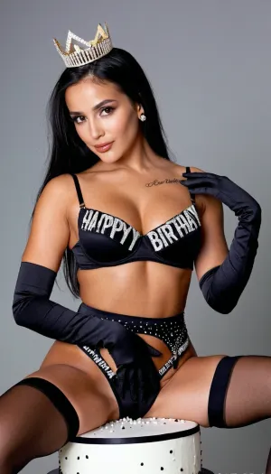 A stunning young woman with long straight black hair, wearing an elegant black lingerie and long black gloves, sitting in a professional studio. She is holding a luxurious black birthday cake with a sparkling silver crystal crown on top and stylish “Happy Birthday” lettering on the front. The woman is looking slightly to the side with a soft, confident expression. Fashion photography, glamorous beauty makeup, flawless skin, vibrant colors, cinematic lighting, shallow depth of field, ultra-realistic, high detail, luxury aesthetic, professional photoshoot, 85mm lens, bokeh background, magazine quality, rich contrast, color photography, 8K resolution.