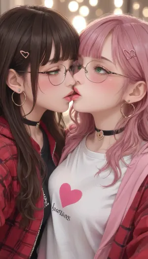masterpiece, best quality, amazing quality, very 2women, adult women, 20s, anime style, selfie, two adult women kissing each other on the lips, french kiss, eyes closed in pleasure, lips touching, passionate kiss, brown hair woman with long straight hair and blunt bangs, yellow-green eyes, pink heart hair clip, black choker with heart pendant, heart print black t-shirt, red plaid jacket, small hoop earrings, blushing cheeks, dark brown hair woman with long wavy hair, blue-green eyes, round gold glasses, dark brown zip-up hoodie with white drawstrings, white t-shirt underneath, blushing intensely, bokeh background, warm pink tones, floating pink hearts, sparkles, close-up portrait, upper body, holding pink smartphone together, high quality, detailed, soft lighting, <lora:outline_xl_kohaku_delta_spv5x:1.3>, <lora:NEOTOKIOXL_0.2_RC:.7>, <lora:Ppolar-P3v1-NbVp10:.7>, <lora:cartoon_stickers_xl_v1:.5>