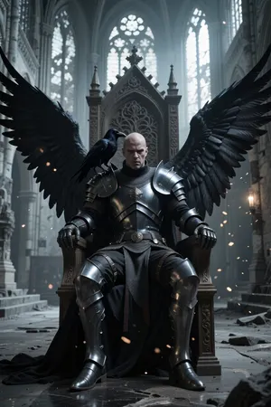 A hyperrealistic “low-key” portrait photograph depicting a somber, dark angel with a stern gaze and enormous black wings, seated in armor upon a majestic ancient Gothic throne in the vast, empty hall of a ruined cathedral. An intelligent black raven sits on the angel’s shoulder, whispering in his ear. Emotional connection, mystical glowing dust, dramatic three-dimensional cinematic lighting, desaturated cool color palette, photorealism, high resolution, (cinematic composition)