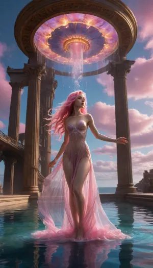 A nude female NPC floats in a gravity-defying video game dreamscape, her iridescent hair unraveling into liquid light. A gown of cascading water clings to her shimmering form as she drifts above a shifting chessboard sea, where staircases spiral into the sky. Colossal stained-glass jellyfish pulse with neon light, while melting clock faces hover, their hands warping through time. Crystalline trees grow upside down, bearing glowing, heart-like fruit. Above, swirling pink clouds reveal keyholes to cosmic oceans and endless deserts. Venus gazes calmly, as if shaping this surreal, ever-shifting reality with her presence.