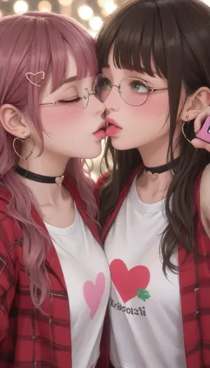 masterpiece, best quality, amazing quality, very 2girls, anime style, selfie, two girls kissing each other on the lips, french kiss, eyes closed in pleasure, lips touching, passionate kiss, brown hair girl with long straight hair and blunt bangs, yellow-green eyes, pink heart hair clip, black choker with heart pendant, heart print black t-shirt, red plaid jacket, small hoop earrings, blushing cheeks, dark brown hair girl with long wavy hair, blue-green eyes, round gold glasses, dark brown zip-up hoodie with white drawstrings, white t-shirt underneath, blushing intensely, bokeh background, warm pink tones, floating pink hearts, sparkles, close-up portrait, upper body, high quality, detailed, soft lighting, holding pink smartphone together, <lora:outline_xl_kohaku_delta_spv5x:1.3>, <lora:NEOTOKIOXL_0.2_RC:.7>, <lora:Ppolar-P3v1-NbVp10:.7>, <lora:cartoon_stickers_xl_v1:.5>