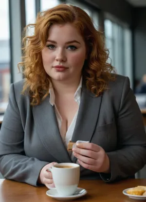 Candid picture, Obese student, 18 years old irish supermodel, natural ginger curly hair, finely drawn facial features, soft chubby face, business suit, freckles, saggy fat cleavage, swedish, Grey tight trousers, cameltoe, fat strong arms, serving coffee to chef mesmerizing eyes, office, sexy teasing face, parted lips, double chin, (lipgloss, shiny lips), ((plumper:1.1), fat strong thighs, best quality, ultra-detailed, masterpiece, finely detailed, highres, (perfect haircut), fat body, wearing grey woman's suit), modern office, glass windows, fully clothed, chiefs office, <lora:style_lora_realis:.8>