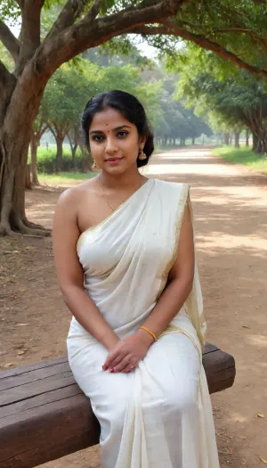 A 24 years old Bengali hot wife, urban wife, enormous hanging saggy boobs, little fat on belly, curvy figuee hairy body, thick hairy pussy, hairy bush on armpits, sexy shameless, heavily sweating wet glistening shiny oil covered wet glistening body, wearing a ordinary plain white traditional saree, sitting on a wooden bench under a huge banyan tree beside a dusty dirty village road on a hot sunny afternoon, side view, show the long lonely dusty road