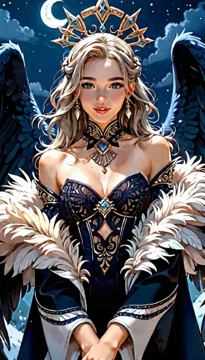 A drawing of The Dark Angel. It is midnight. A pale, ethereal young woman stands in a quiet moonlit night, her presence calm and solemn like a supernatural guardian. Her long black dress flows softly in the cool wind, and shadow‑like wings hover behind her with weightless, graceful movement, more like drifting darkness than feathers. Her expression is deep and introspective, carrying quiet sorrow and unspoken strength, as if she belongs to another world. Soft silver moonlight outlines her face and shoulders, giving her an unearthly glow. Her posture is balanced and natural — relaxed shoulders, gentle head tilt, a stillness that feels ancient and spiritual. Fine, understated accessories hint at old, sacred symbolism without breaking the purity of her image. Mist drifts around her feet, and the night landscape feels hushed and reverent, as if nature itself recognises her as a mysterious, powerful, and tragic being.
---, ratatatat74, <lora:LCMTurboMix_Euler_A_fix:1.5>, <lora:ratatatat74-000050:.8>